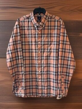J. Crew Men’s Pink & Blue Plaid Long-Sleeve Button-Down Shirt-Flex Washed-XL-EC